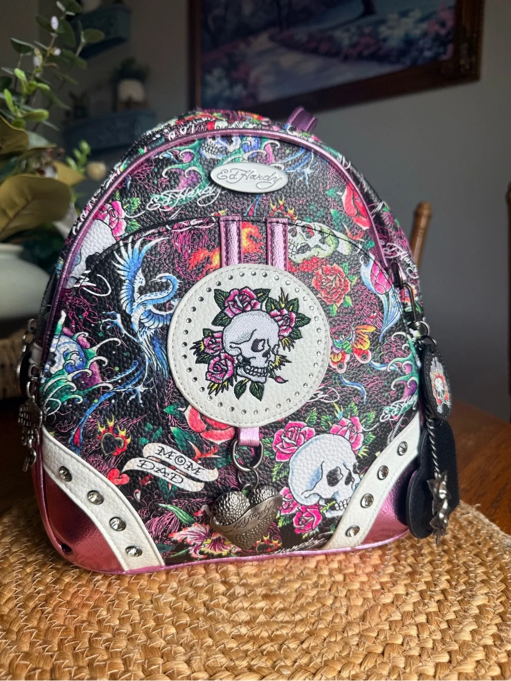 Ed Hardy Pink Metallic Mini Backpack with Multicolor Skull & Rose Print
